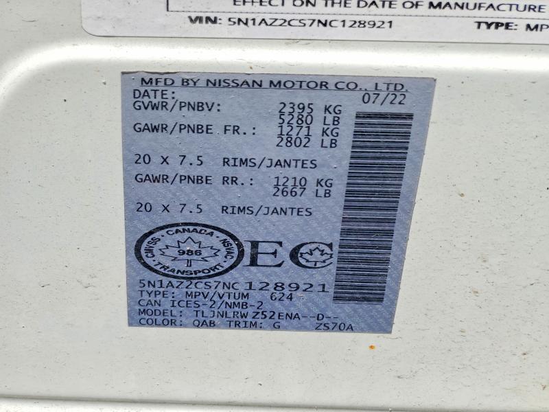 52722926 :رقم المزاد ، 5N1AZ2CS7NC128921 vin ، 2022 Nissan Murano مزاد بيع