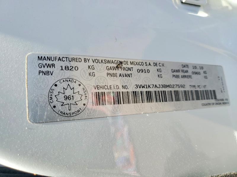 2011 Volkswagen Jetta მანქანა იყიდება აუქციონზე, vin: 3VW1K7AJ3BM027592, აუქციონის ნომერი: 54328336