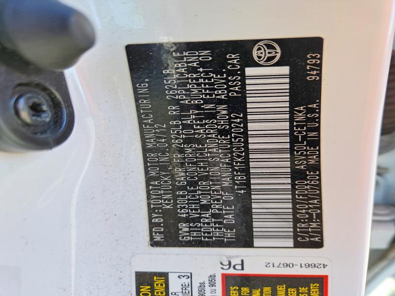53284726 :رقم المزاد ، 4T1BF1FK2CU570242 vin ، 2012 Toyota Camry مزاد بيع
