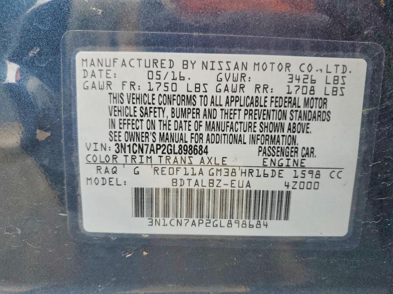 Aukcja sprzedaży 2016 Nissan Versa, vin: 3N1CN7AP2GL898684, numer aukcji: 52864876