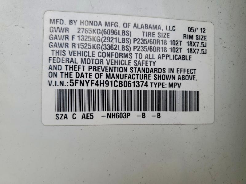Продаж на аукціоні авто 2012 Honda Pilot, vin: 5FNYF4H91CB061374, номер лоту: 53906736