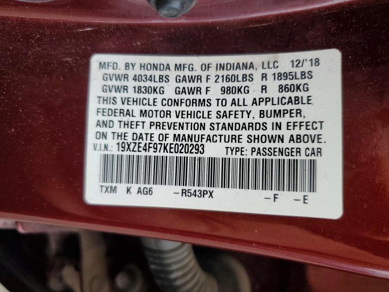 54877386 :رقم المزاد ، 19XZE4F97KE020293 vin ، 2019 Honda Insight مزاد بيع