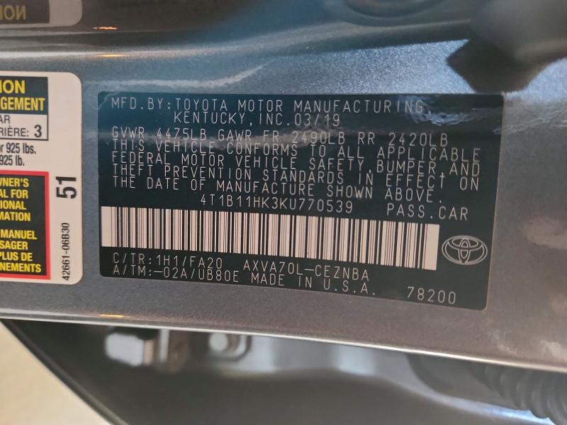 Aukcja sprzedaży 2019 Toyota Camry, vin: 4T1B11HK3KU770539, numer aukcji: 54211626