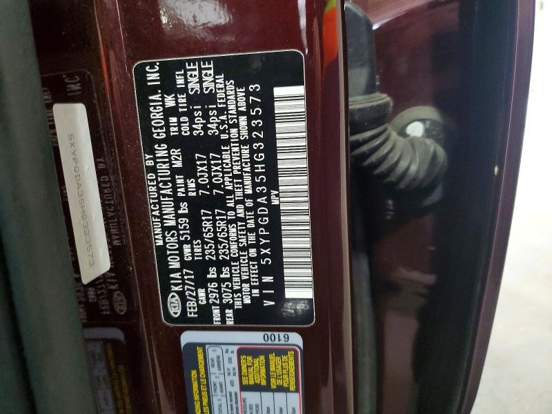 52825366 :رقم المزاد ، 5XYPGDA35HG323573 vin ، 2017 Kia Sorento مزاد بيع