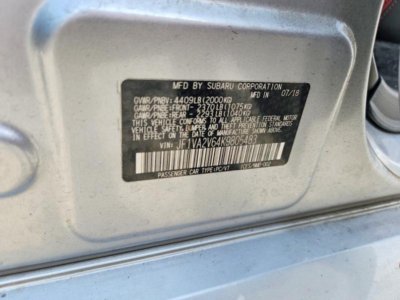 2019 Subaru Wrx მანქანა იყიდება აუქციონზე, vin: JF1VA2V64K9805483, აუქციონის ნომერი: 54213736