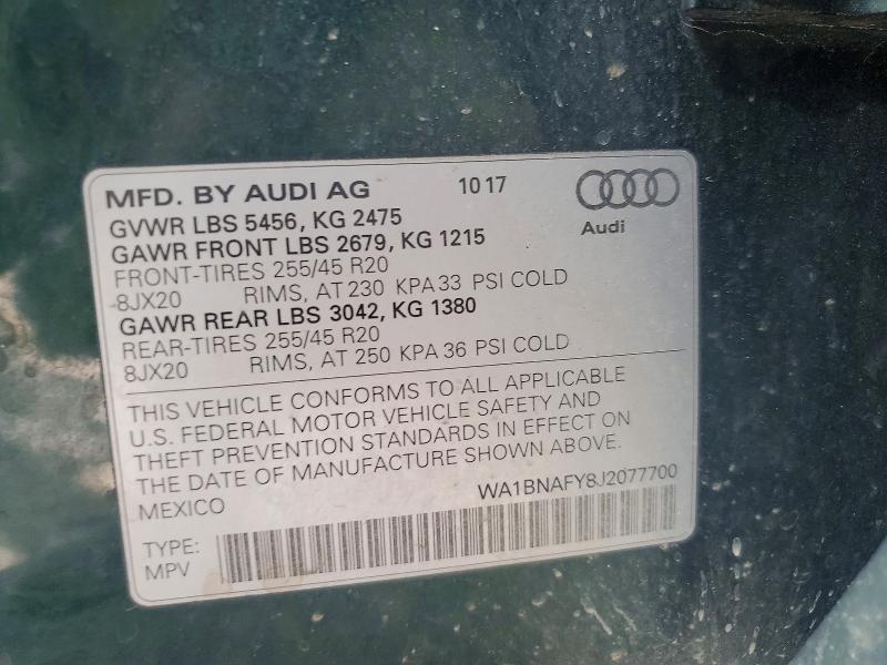 2018 Audi Q5 მანქანა იყიდება აუქციონზე, vin: WA1BNAFY8J2077700, აუქციონის ნომერი: 52557956