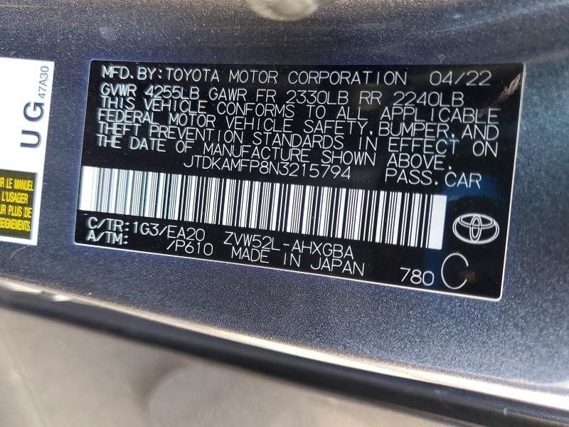 Продажа на аукционе авто 2022 Toyota Prius Prime, vin: JTDKAMFP8N3215794, номер лота: 55371646