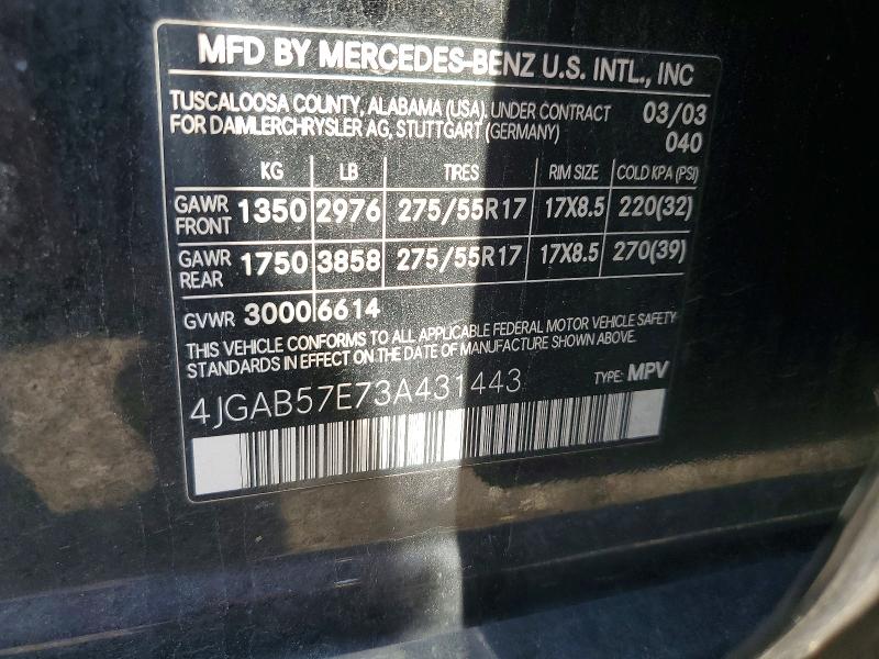 54236066 :رقم المزاد ، 4JGAB57E73A431443 vin ، 2003 Mercedes-benz Ml مزاد بيع