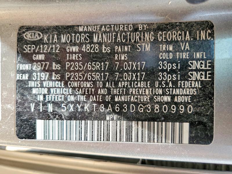 55063076 :رقم المزاد ، 5XYKT3A63DG380990 vin ، 2013 Kia Sorento مزاد بيع