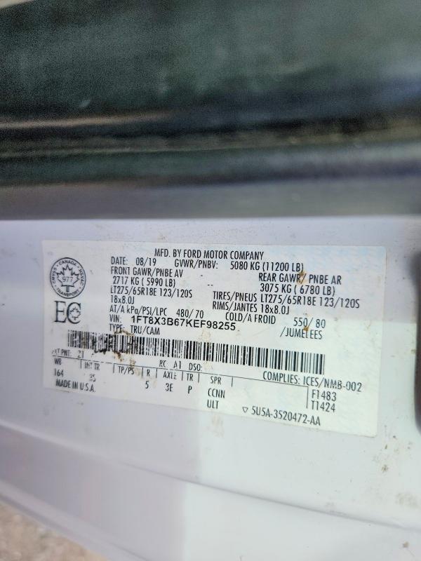 54590526 :رقم المزاد ، 1FT8X3B67KEF98255 vin ، 2019 Ford F350 مزاد بيع