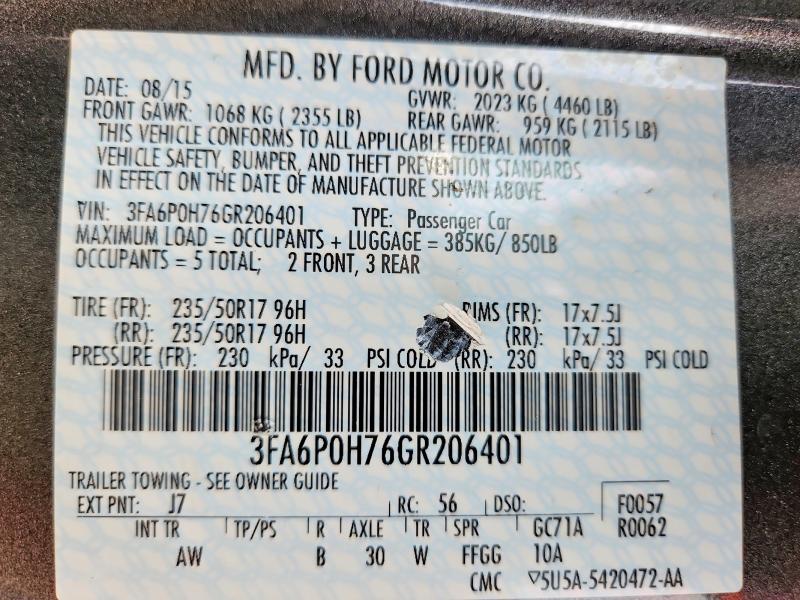Продаж на аукціоні авто 2016 Ford Fusion, vin: 3FA6P0H76GR206401, номер лоту: 52181286