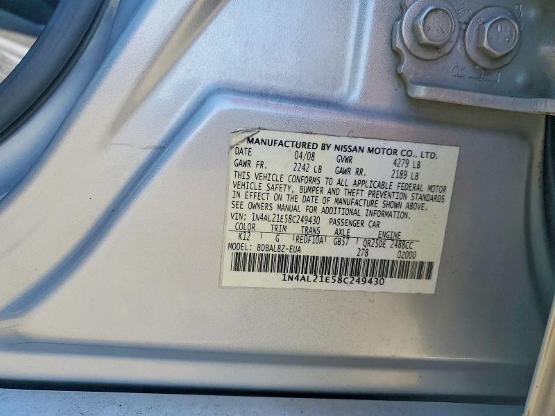 2008 Nissan Altima მანქანა იყიდება აუქციონზე, vin: 1N4AL21E58C249430, აუქციონის ნომერი: 53287496