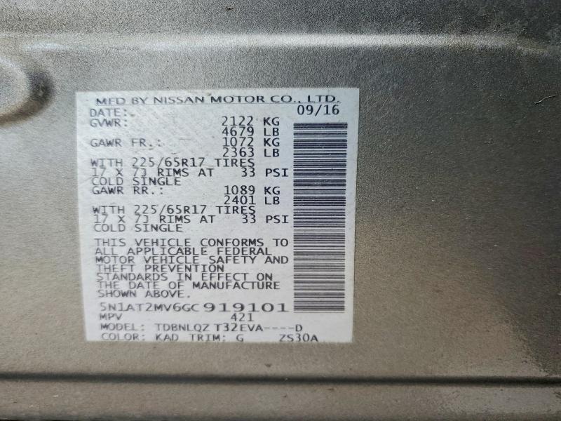 54235666 :رقم المزاد ، 5N1AT2MV6GC919101 vin ، 2016 Nissan Rogue مزاد بيع