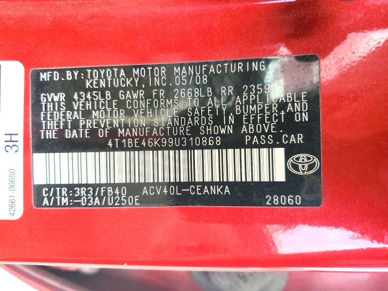 2009 Toyota Camry მანქანა იყიდება აუქციონზე, vin: 4T1BE46K99U310868, აუქციონის ნომერი: 53563566