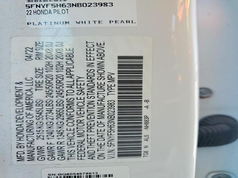 54679376 :رقم المزاد ، 5FNYF5H63NB023983 vin ، 2022 Honda Pilot مزاد بيع