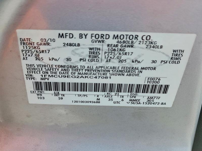 2010 Ford Escape მანქანა იყიდება აუქციონზე, vin: 1FMCU9EG2AKC47081, აუქციონის ნომერი: 51789106