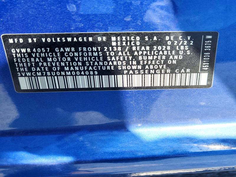2022 Volkswagen Jetta მანქანა იყიდება აუქციონზე, vin: 3VWCM7BU0NM004089, აუქციონის ნომერი: 54267006