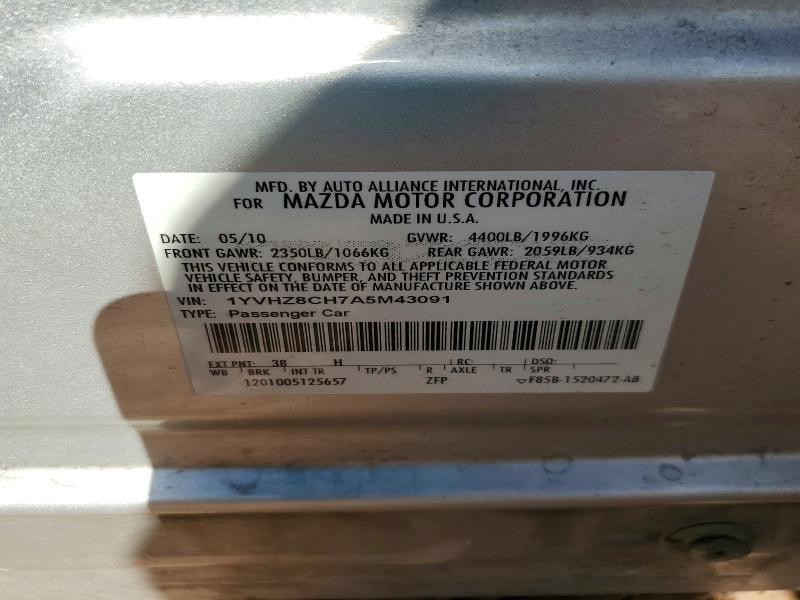 53479366 :رقم المزاد ، 1YVHZ8CH7A5M43091 vin ، 2010 Mazda 6 مزاد بيع