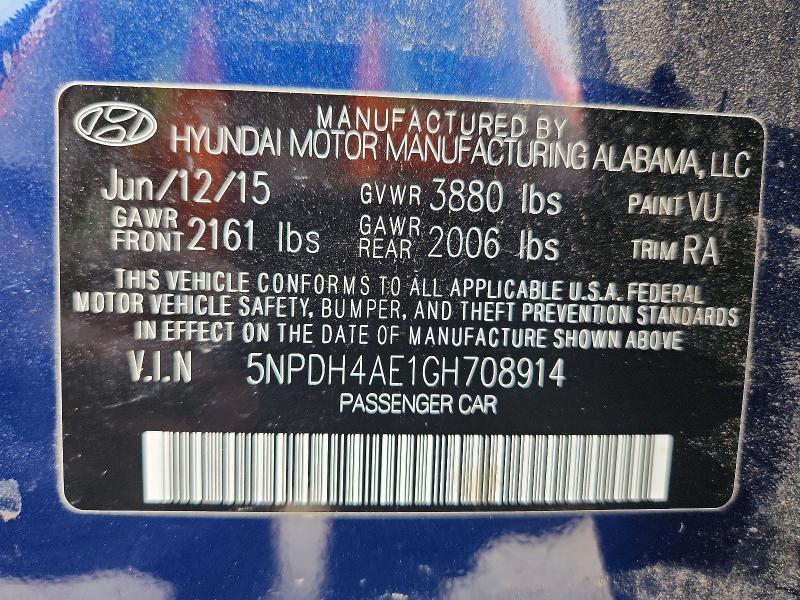 Продажа на аукционе авто 2016 Hyundai Elantra, vin: 5NPDH4AE1GH708914, номер лота: 53941596