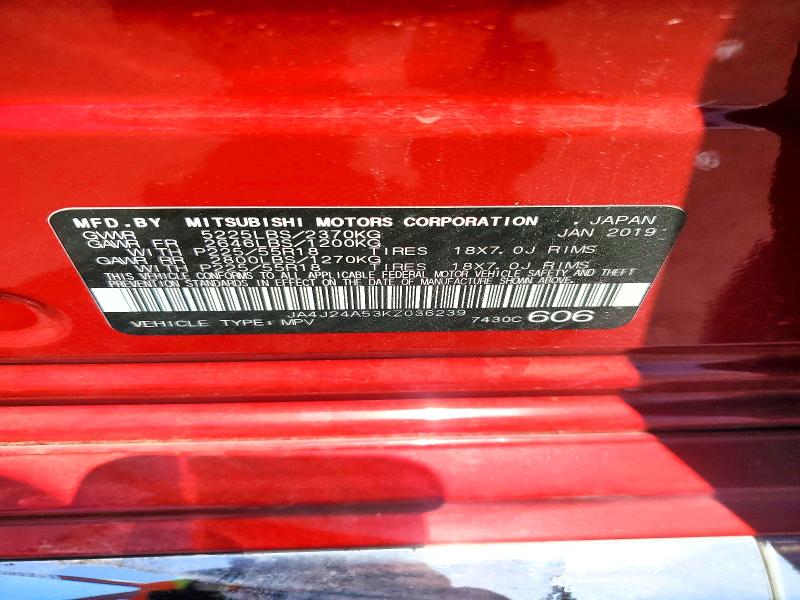 54542546 :رقم المزاد ، JA4J24A53KZ036239 vin ، 2019 Mitsubishi Outlander مزاد بيع