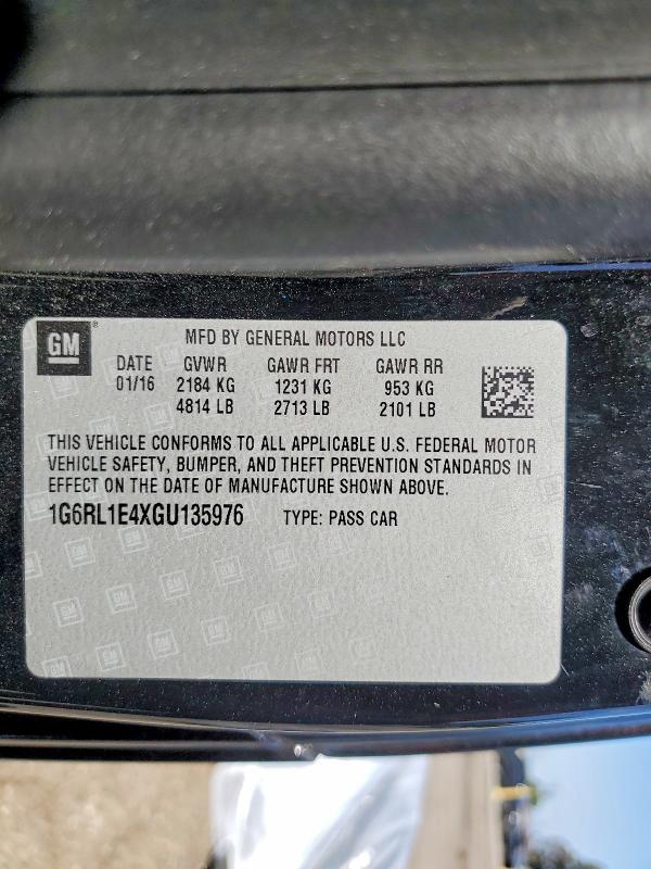 53622446 :رقم المزاد ، 1G6RL1E4XGU135976 vin ، 2016 Cadillac Elr مزاد بيع