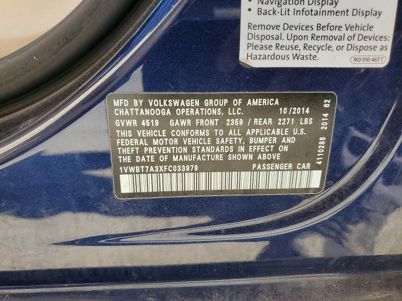 54164666 :رقم المزاد ، 1VWBT7A3XFC033979 vin ، 2015 Volkswagen Passat مزاد بيع
