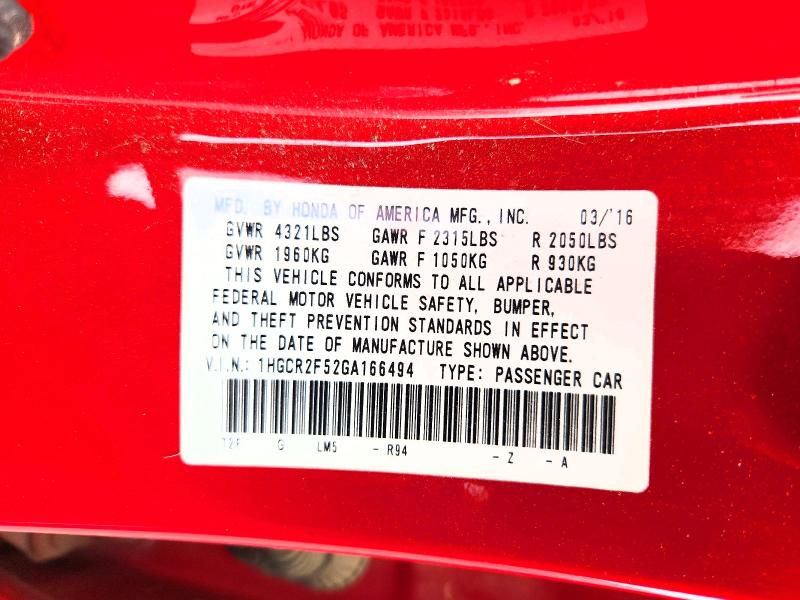 55016746 :رقم المزاد ، 1HGCR2F52GA166494 vin ، 2016 Honda Accord مزاد بيع