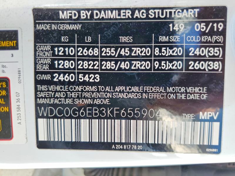 Aukcja sprzedaży 2019 Mercedes-benz Glc, vin: WDC0G6EB3KF655904, numer aukcji: 52960246