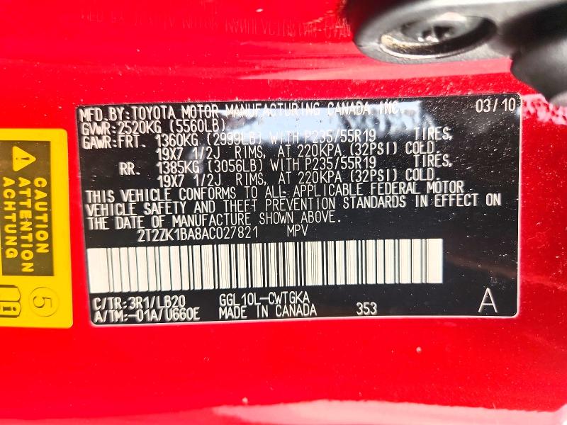 51863926 :رقم المزاد ، 2T2ZK1BA8AC027821 vin ، 2010 Lexus Rx مزاد بيع