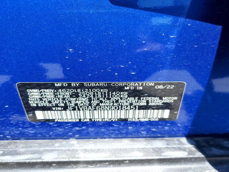 52462686 :رقم المزاد ، JF1VBAF68N9018451 vin ، 2022 Subaru Wrx مزاد بيع
