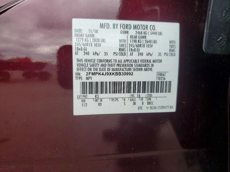 2019 Ford Edge მანქანა იყიდება აუქციონზე, vin: 2FMPK4J9XKBB30992, აუქციონის ნომერი: 53727996