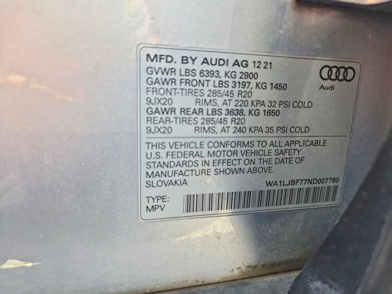 Aukcja sprzedaży 2022 Audi Q7, vin: WA1LJBF77ND007760, numer aukcji: 53757836