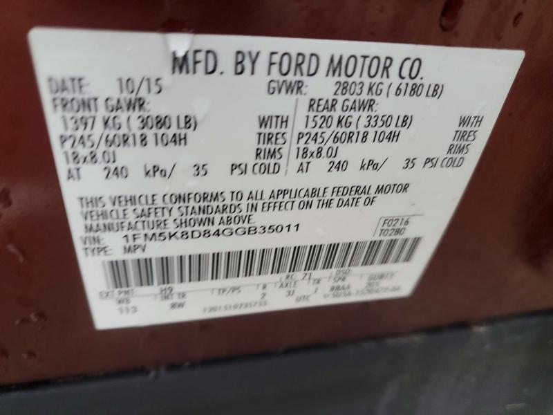 54559766 :رقم المزاد ، 1FM5K8D84GGB35011 vin ، 2016 Ford Explorer مزاد بيع