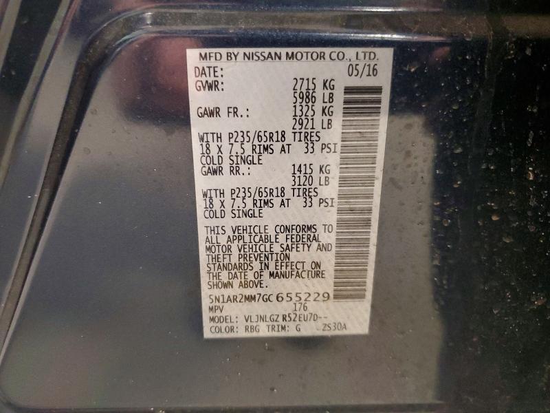 Aukcja sprzedaży 2016 Nissan Pathfinder, vin: 5N1AR2MM7GC655229, numer aukcji: 53644286