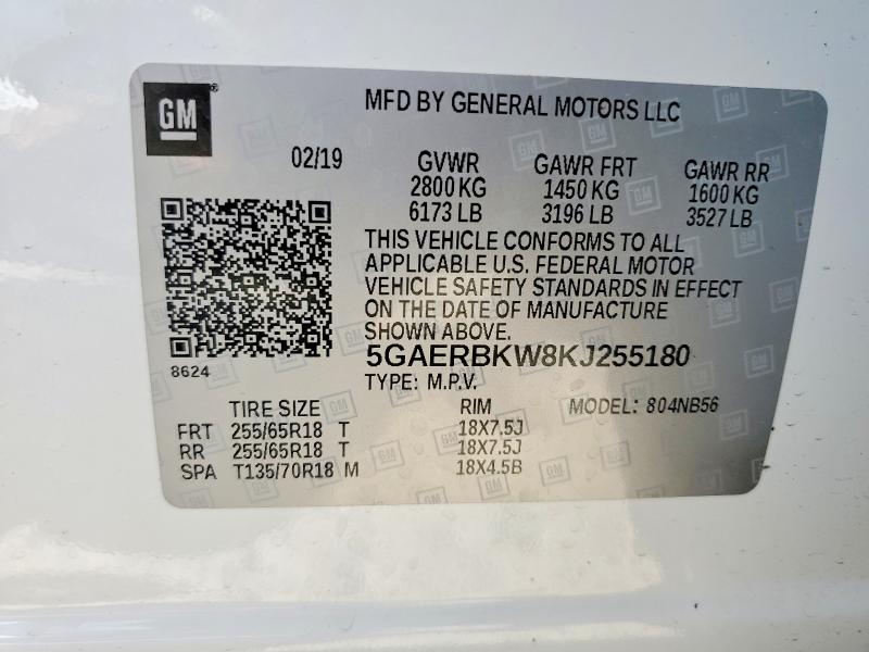 54109646 :رقم المزاد ، 5GAERBKW8KJ255180 vin ، 2019 Buick Enclave مزاد بيع