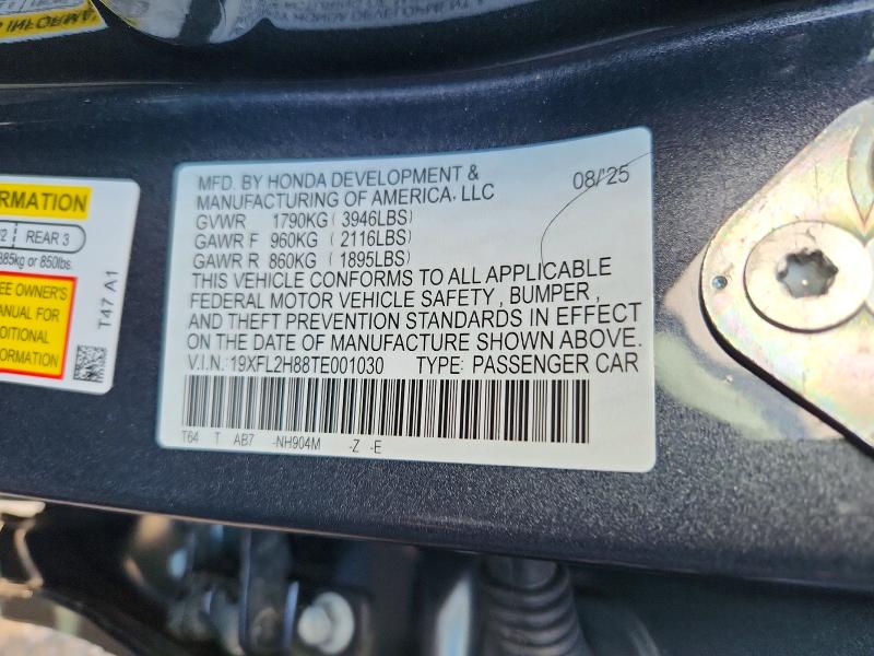 2026 Honda Civic მანქანა იყიდება აუქციონზე, vin: 19XFL2H88TE001030, აუქციონის ნომერი: 52012546