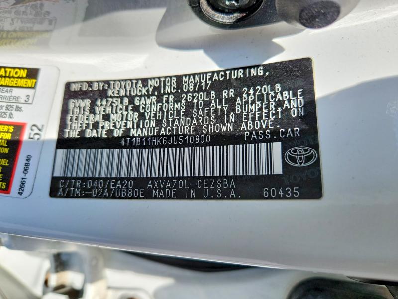 Продажа на аукционе авто 2018 Toyota Camry, vin: 4T1B11HK6JU510800, номер лота: 52172356