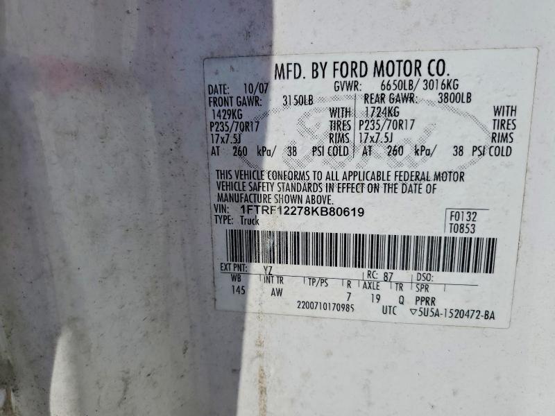 Продажа на аукционе авто 2008 Ford F150, vin: 1FTRF12278KB80619, номер лота: 53520936