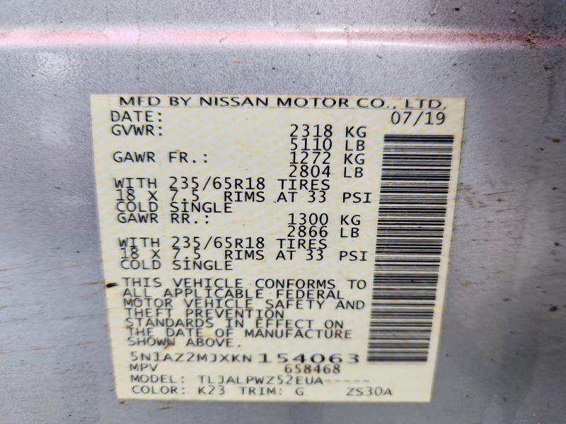 51492276 :رقم المزاد ، 5N1AZ2MJXKN154063 vin ، 2019 Nissan Murano مزاد بيع