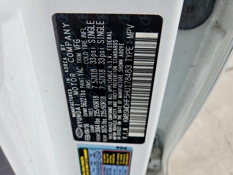 52572046 :رقم المزاد ، KM8SMDHF5HU178483 vin ، 2017 Hyundai Santa Fe مزاد بيع