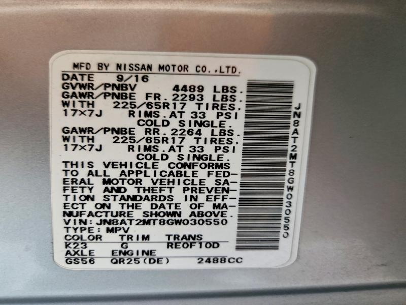 2016 Nissan Rogue მანქანა იყიდება აუქციონზე, vin: JN8AT2MT8GW030550, აუქციონის ნომერი: 54187506