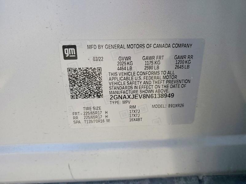 Продаж на аукціоні авто 2022 Chevrolet Equinox, vin: 2GNAXJEV8N6138949, номер лоту: 53912256
