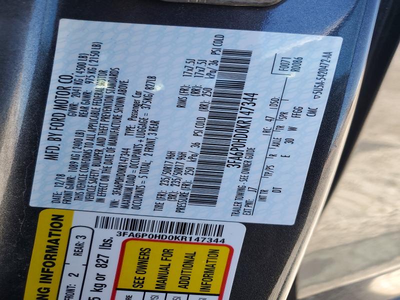 Продажа на аукционе авто 2019 Ford Fusion, vin: 3FA6P0HD0KR147344, номер лота: 52863456