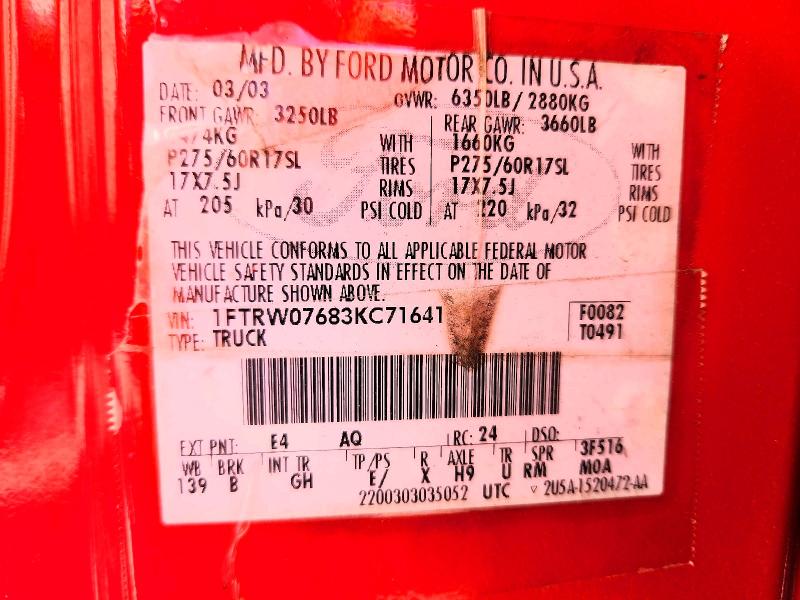 2003 Ford F150 მანქანა იყიდება აუქციონზე, vin: 1FTRW07683KC71641, აუქციონის ნომერი: 52373136