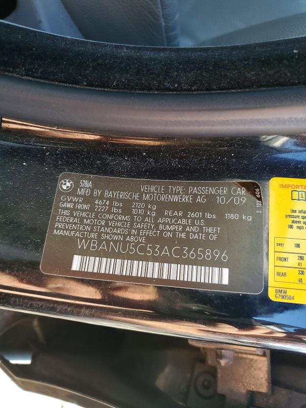 52455946 :رقم المزاد ، WBANU5C53AC365896 vin ، 2010 Bmw 528 مزاد بيع