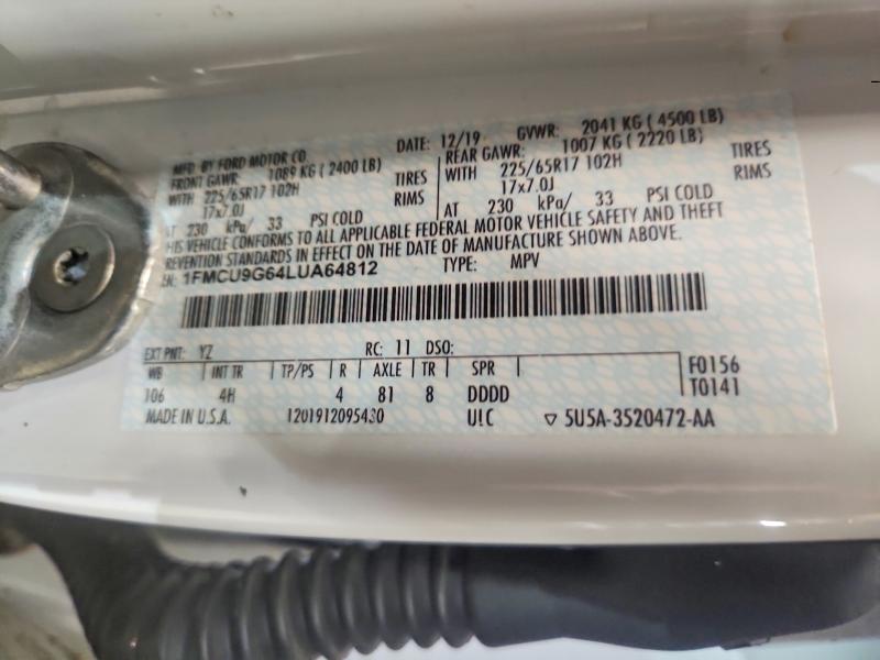 2020 Ford Escape მანქანა იყიდება აუქციონზე, vin: 1FMCU9G64LUA64812, აუქციონის ნომერი: 53007606