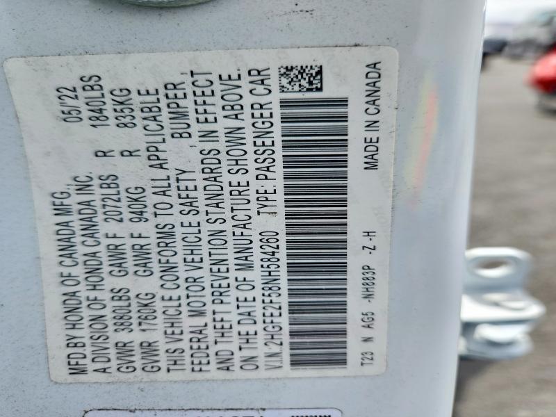 2022 Honda Civic მანქანა იყიდება აუქციონზე, vin: 2HGFE2F58NH584260, აუქციონის ნომერი: 55182116