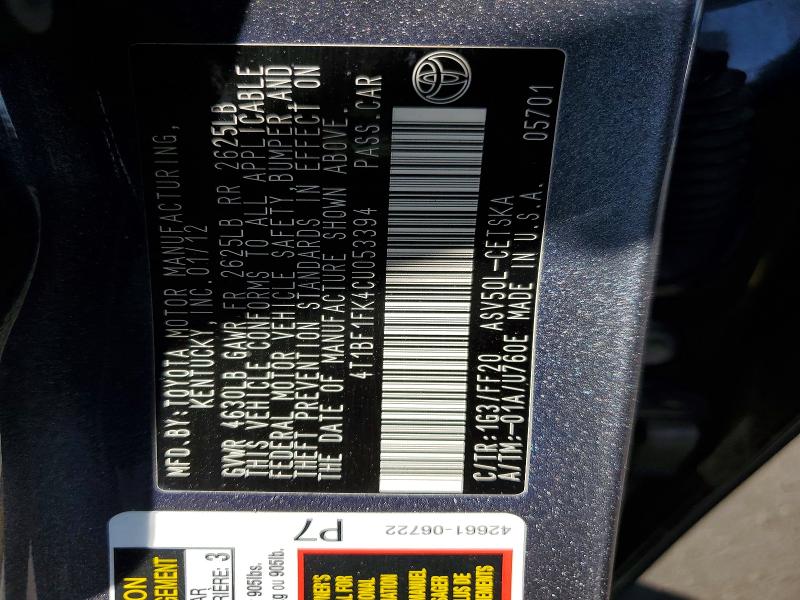 54336806 :رقم المزاد ، 4T1BF1FK4CU053394 vin ، 2012 Toyota Camry مزاد بيع