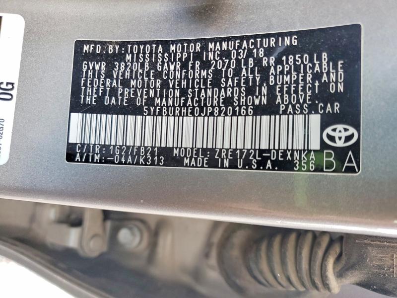 Aukcja sprzedaży 2018 Toyota Corolla, vin: 5YFBURHE0JP820166, numer aukcji: 53207226