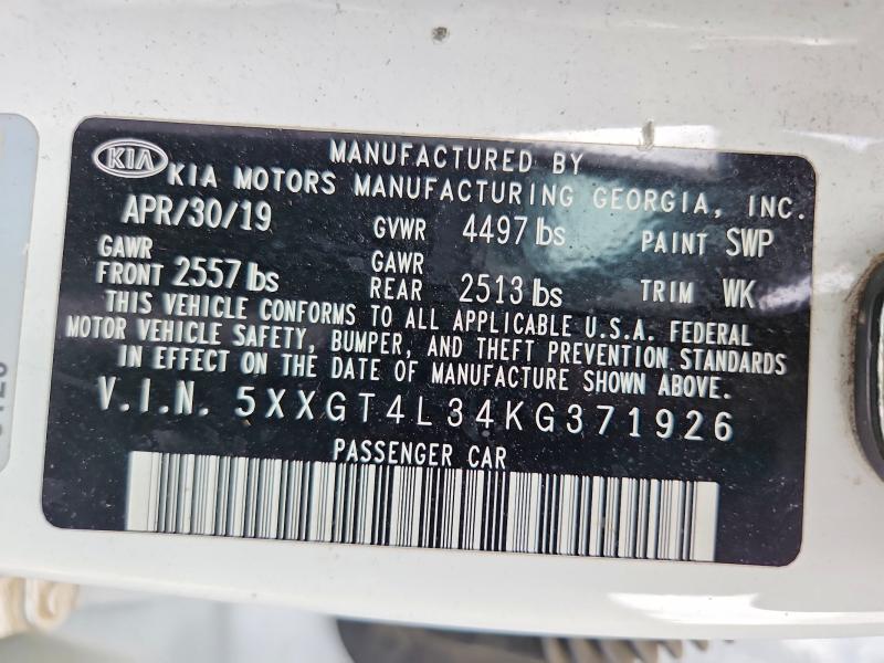 2019 Kia Optima მანქანა იყიდება აუქციონზე, vin: 5XXGT4L34KG371926, აუქციონის ნომერი: 54913006